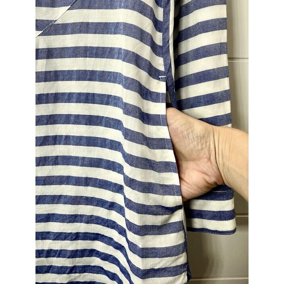 Chico’s Spliced Stripe Blue White Button Front Tunic Pockets Chicos Sz 0 (4-6) - Picture 4 of 11